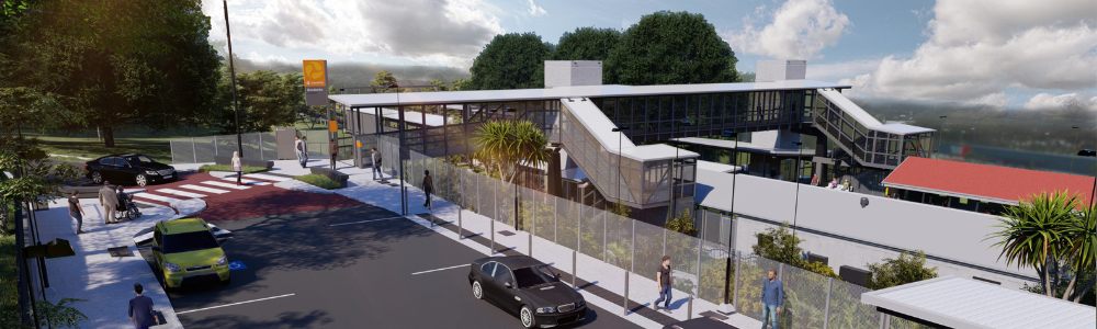 This image shows an artist impression of what the new station will look like from the section of the station carpark closest to 