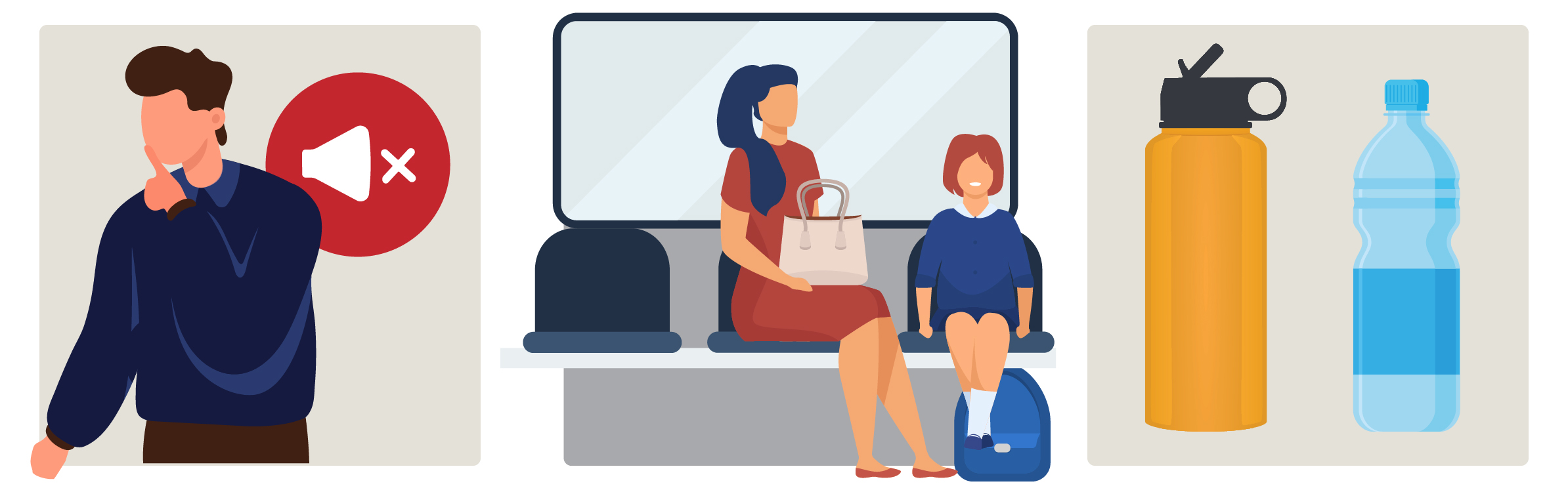 Quiet please, seats are not for bags or feet, water only.