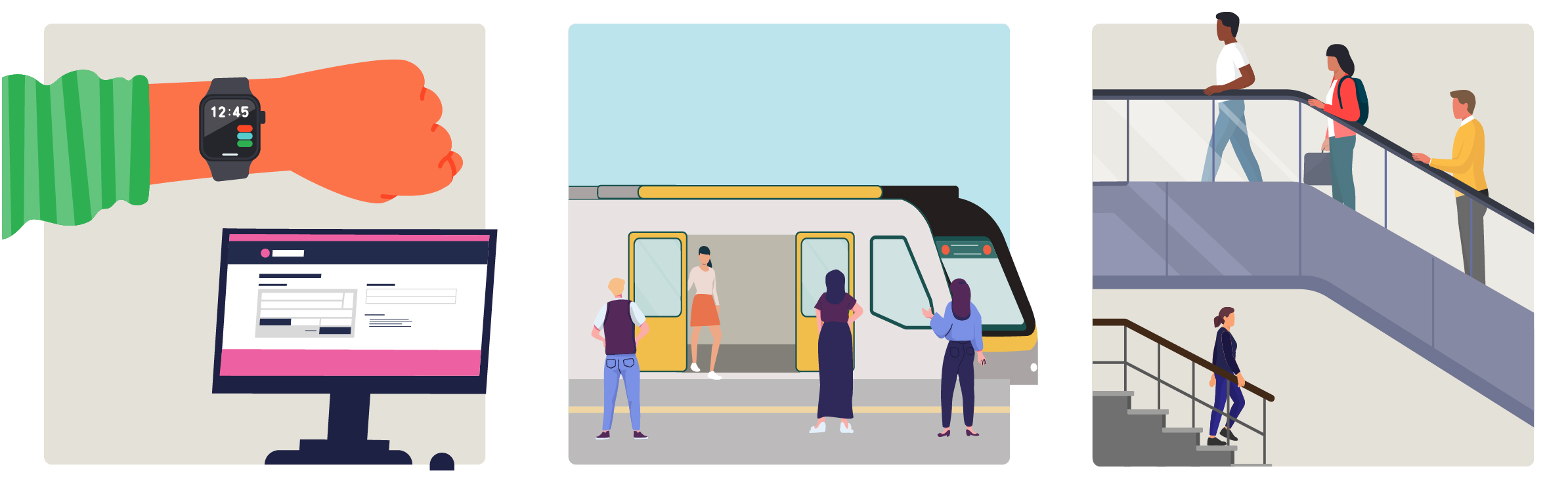 Plan ahead and arrive early; wait for others to get off the train before boarding; please use the hand rail on stairs and escala