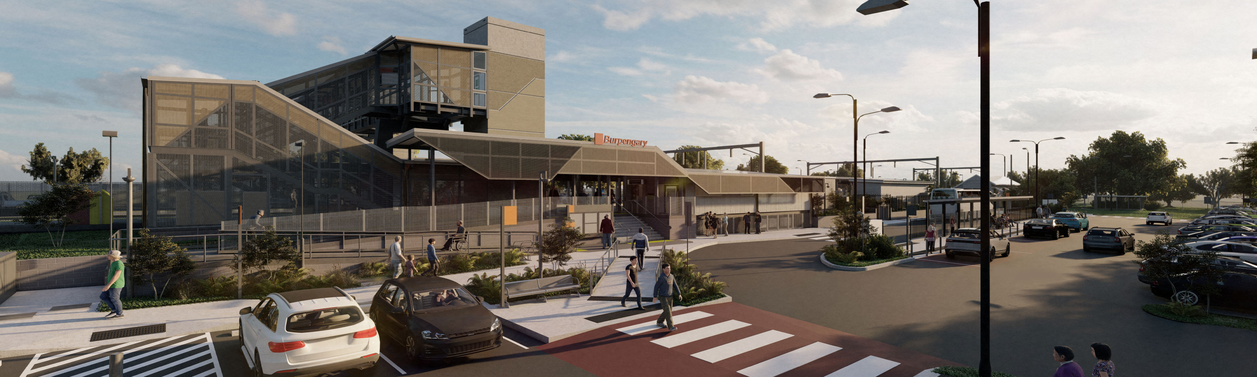 This image shows a concept design for the new accessible station looking to the front of the new station from the station carpar