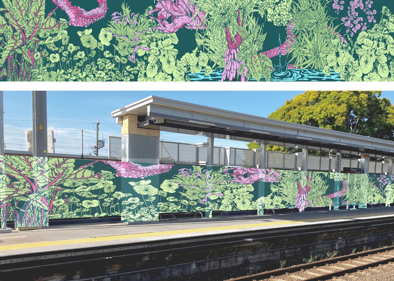 Aurora Campbell mural concept inspired by subtropical landscape using botanical illustration, refer to description below