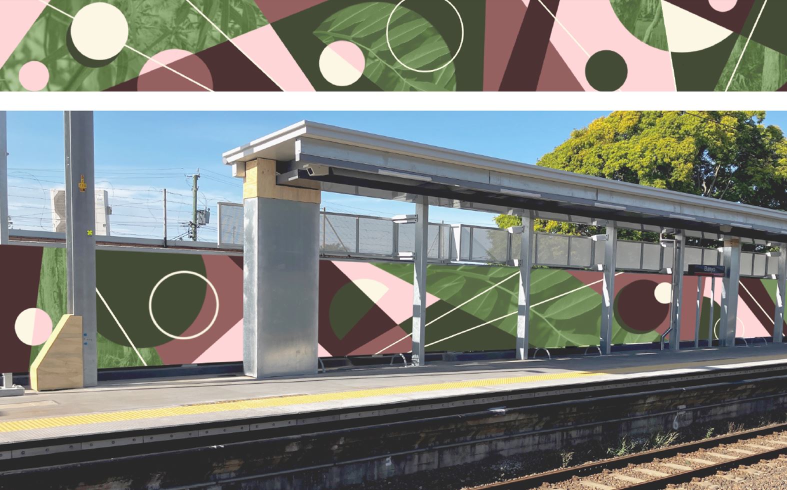 Rick Hayward mural concept depicting geometric forms and botanical elements, refer to detailed description below
