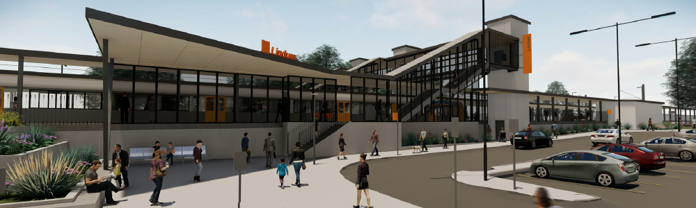 Concept image of upgraded Lindum station showing new entry plaza, footbridge with lifts and Sibley Road carpark