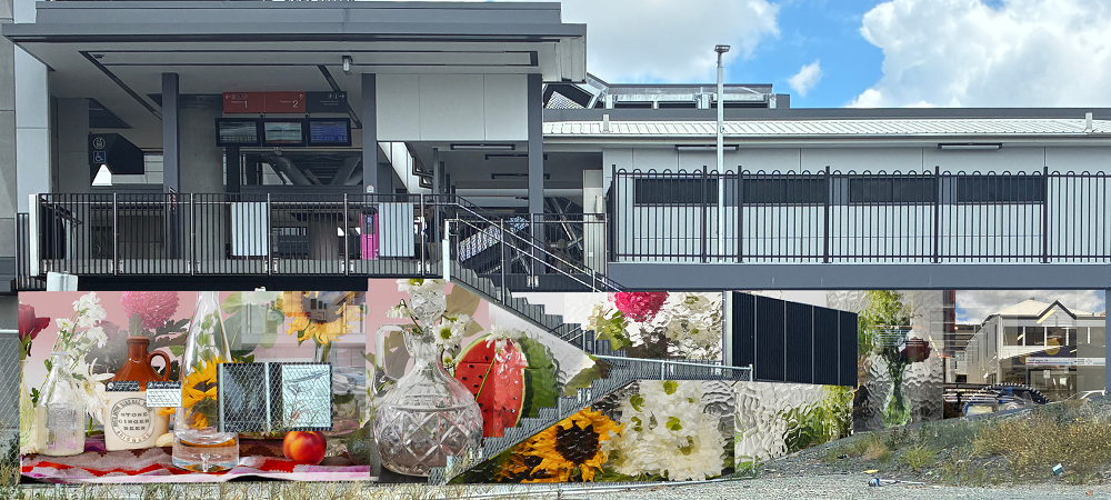 Concept of a mural at the Buranda staiton southern entrance, including vases, flowers, fruit and ginger beer.