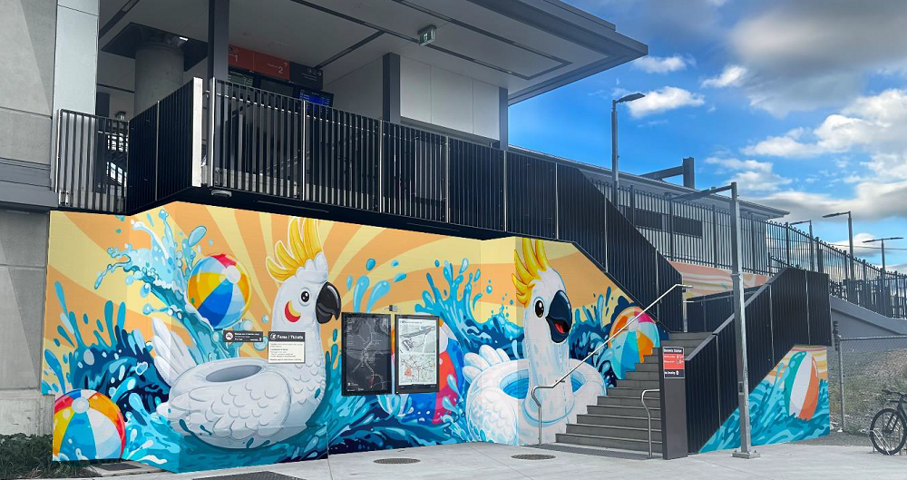 Concept of a mural at the Buranda station southern entrance including inflatable cockatoos and beach balls.