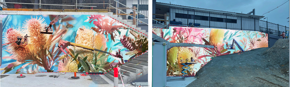 Concept of a mural at the Buranda station southern entrance including native plants and workers painting.
