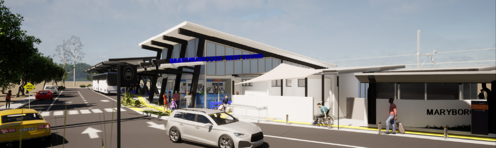 Comcept image of Maryborough West station entrance and bus ways