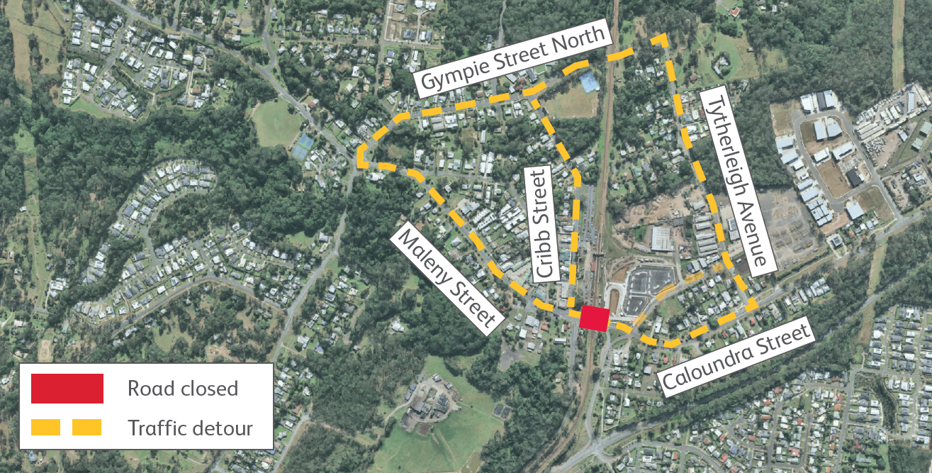Road closure location at Caloundra Street, Landsborough. Refer to work location heading of this web page for more details