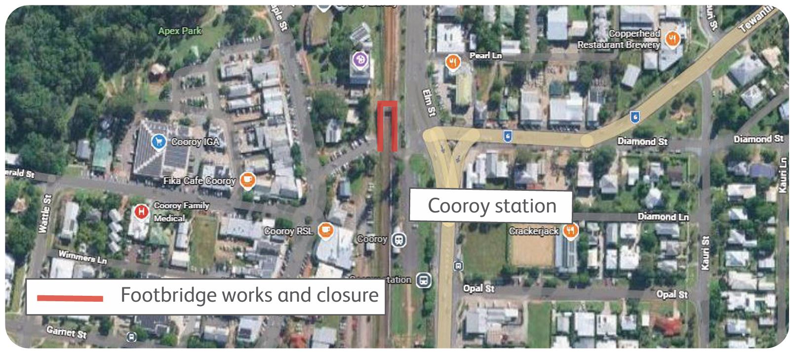 Copyright Google map image of Cooroy station showing the location of footbridge works.