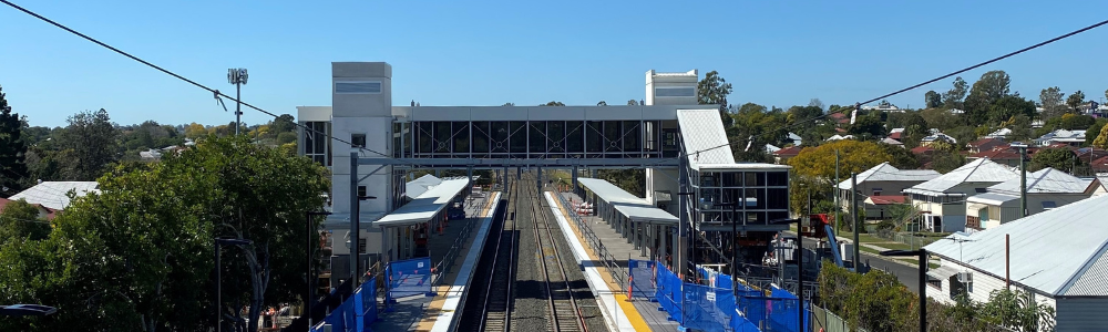 Aerial view of East Ipswich station showing new platforms, station building, foot bridge and lifts under construction