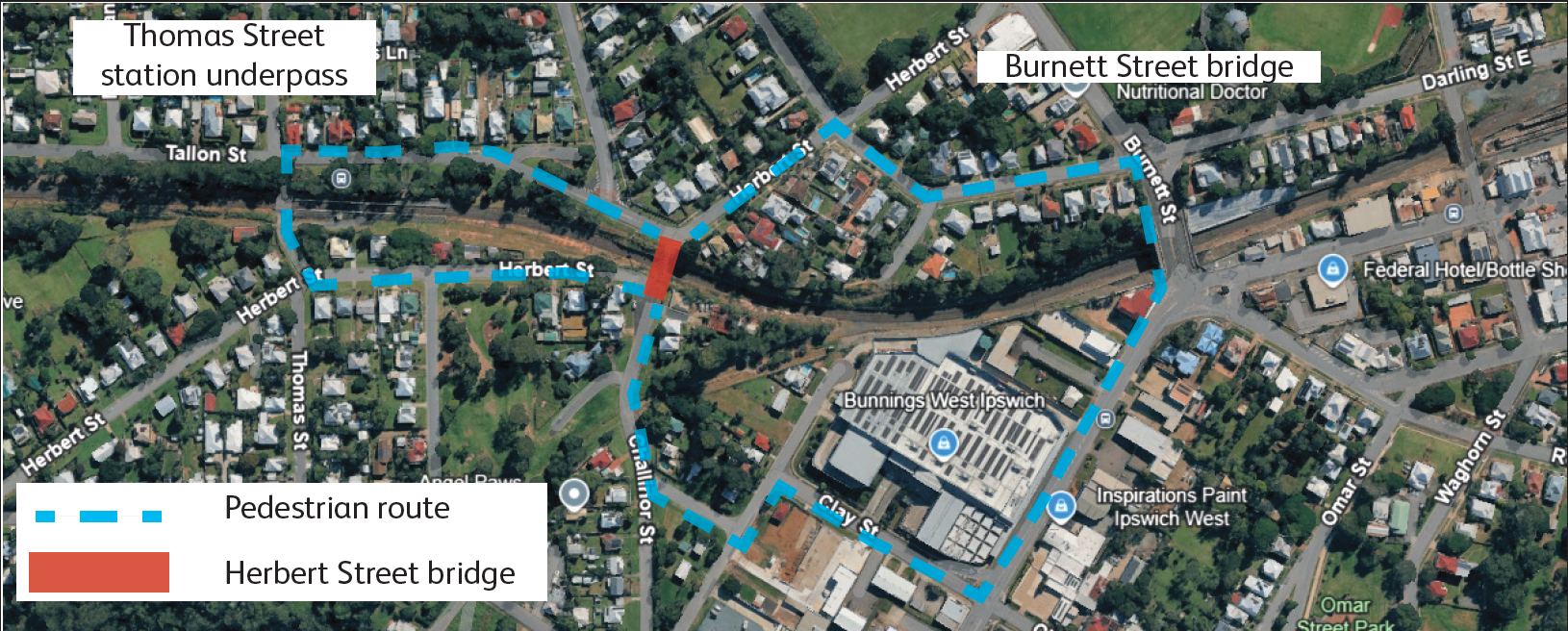 Map of detour route for Herbert Street bridge closure, refer to 'Alternative routes during the closure' section for details