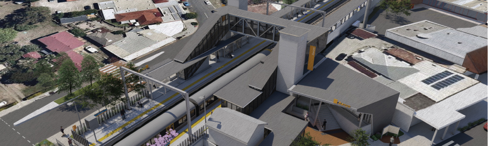 Aerial concept image of the upgraded Banyo station showing new footbridge , lift towers station building and entrance plaza
