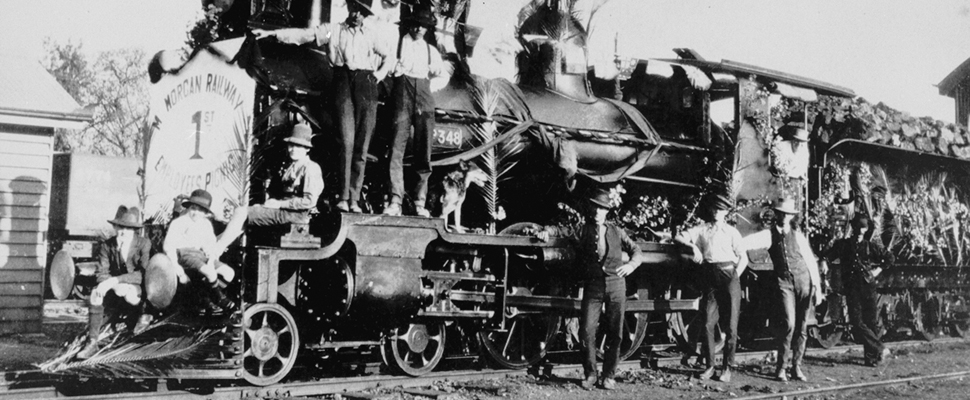 A black and white photograph of the PB15 class steam locomotive No. 348,full image description is available below. 