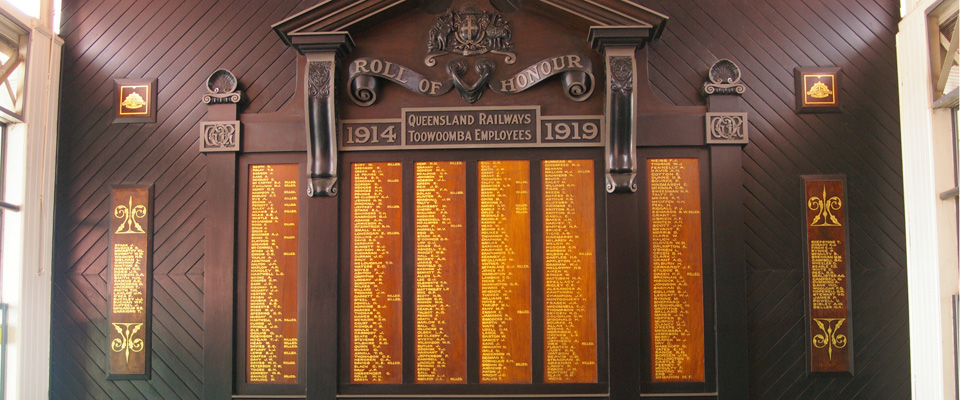 A photo of the Toowoomba railway station Honour Board,full image description is available below. 
