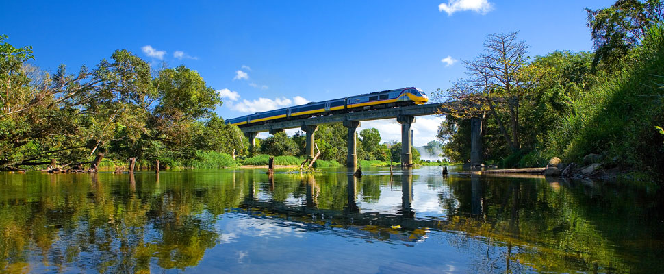 A colour photograph of the Cairns tilt train that commenced operation between Brisbane and Cairns in 2003,full image description is available below. 