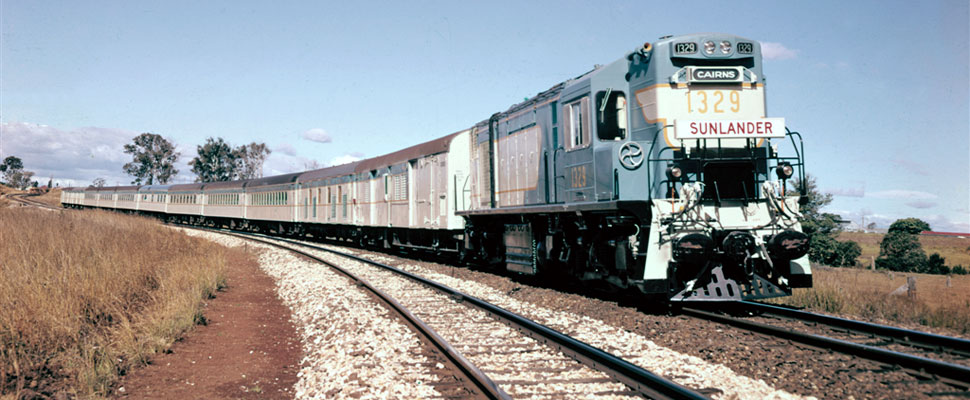A​​ colour photograph of the Sunlander air conditioned train for a publicity which was used to advertise the train on Queensland Railways timetables,full image description is available below.