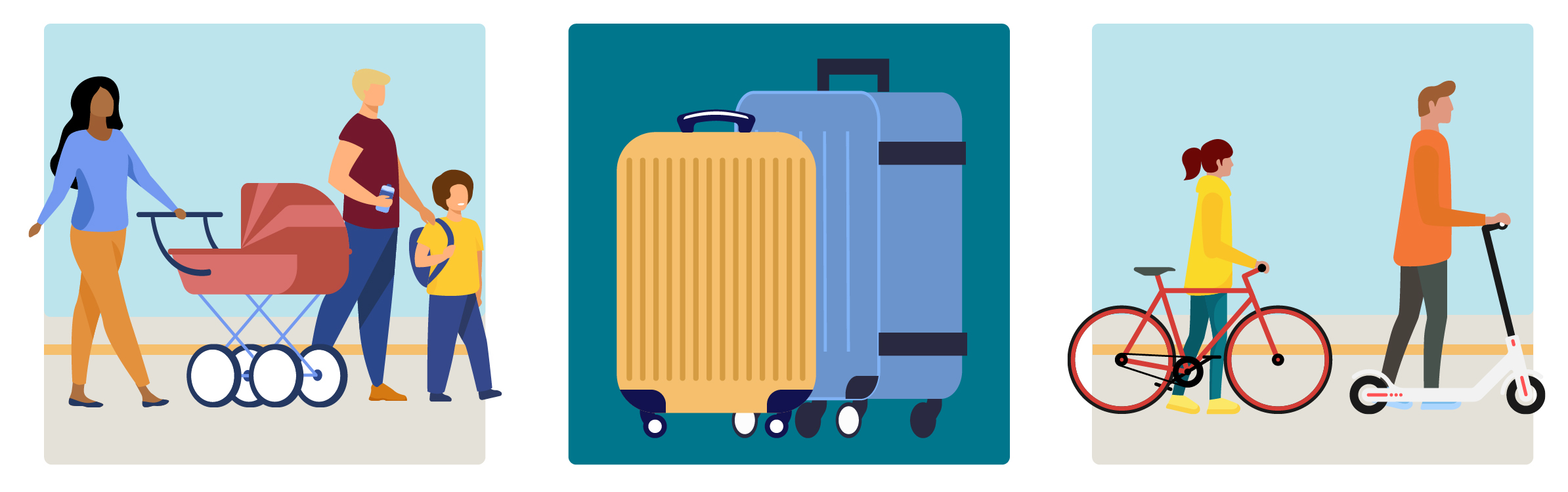 Travelling with a pram; travelling with luggage; travelling with a bike or scooter.